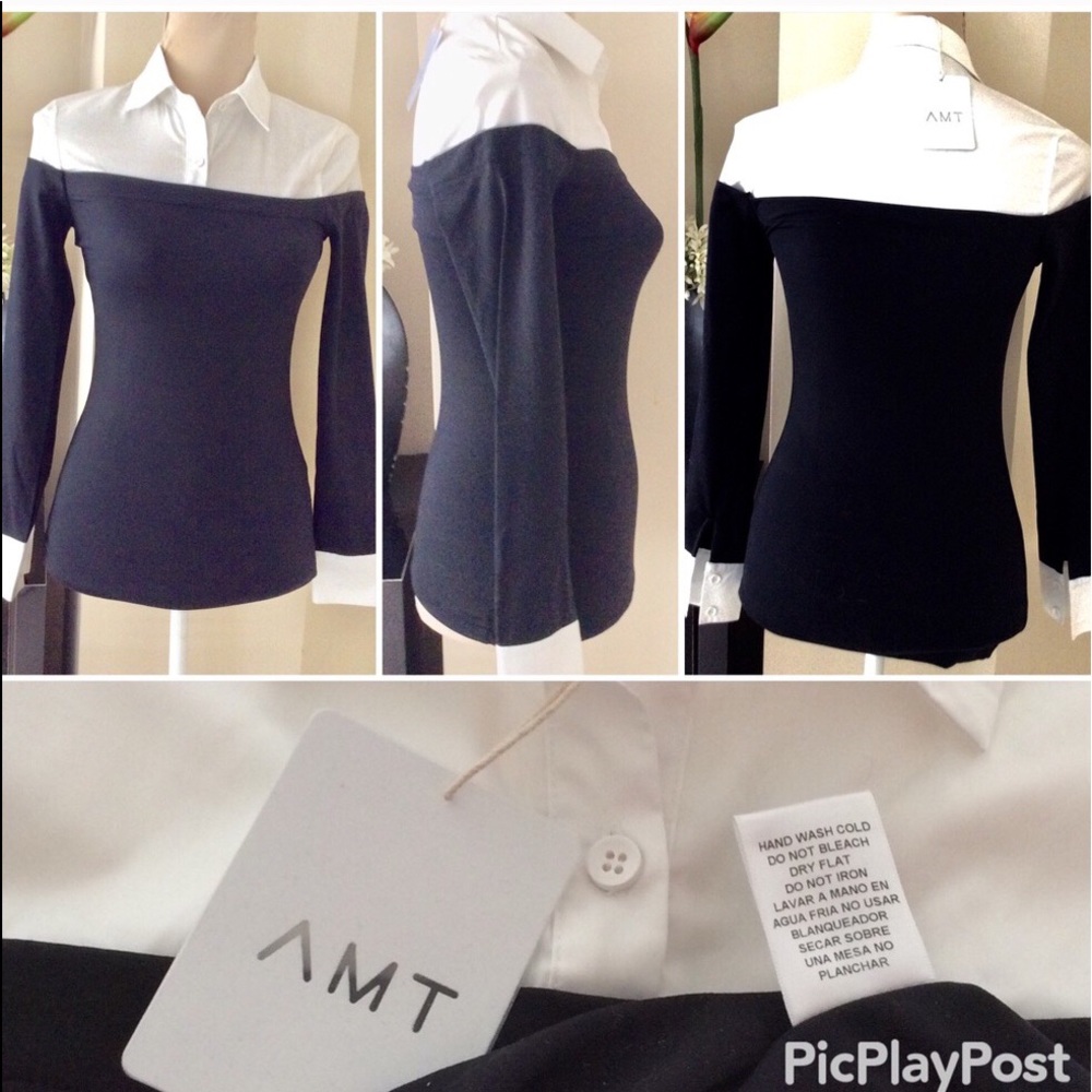 AMT Long Sleeves Black Top Faux White Collar SZ.S